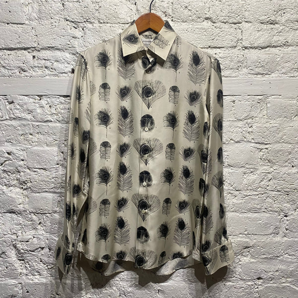 ALEXANDER MCQUEEN BLACK/CREAM SILK PEACOCK FEATHER PRINT SHIRT