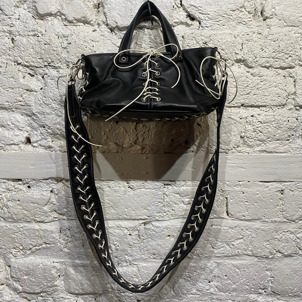 LUDOVIC DE SAINT SERNIN WHITE LACED BLACK LEATHER HANDBAG