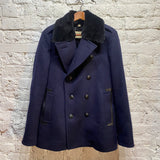 BURBERRY 
NAVY WOOL/CASHMERE PEACOAT FUR COLLAR