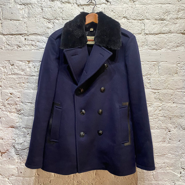 BURBERRY 
NAVY WOOL/CASHMERE PEACOAT FUR COLLAR