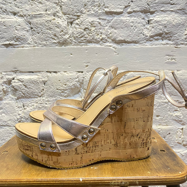 MIU MIU 
SILVER WEDGE SANDALS