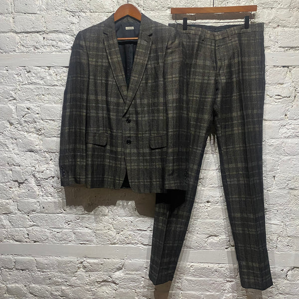 DRIES VAN NOTEN GREY LINEN/COTTON CHECK SUIT