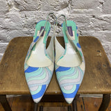 EMILIO PUCCI 
CANVAS KITTEN HEEL SLINGBACKS