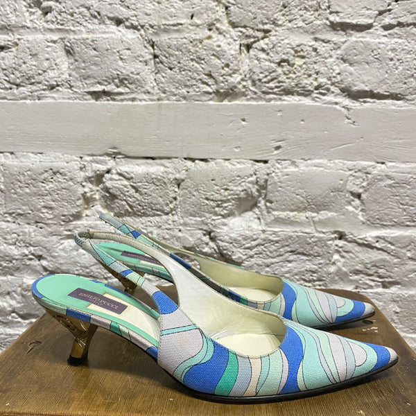 EMILIO PUCCI 
CANVAS KITTEN HEEL SLINGBACKS