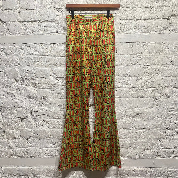 FIORUCCI GREEN/RED PRINT SATIN FLARED TROUSERS