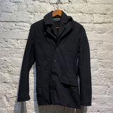 JUNYA WATANABE COMME DES GARÇONS BLACK BOILED WOOL WITH CHIFFON LINING ASYMMETRICAL BUTTONED LONG SLEEVE JACKET