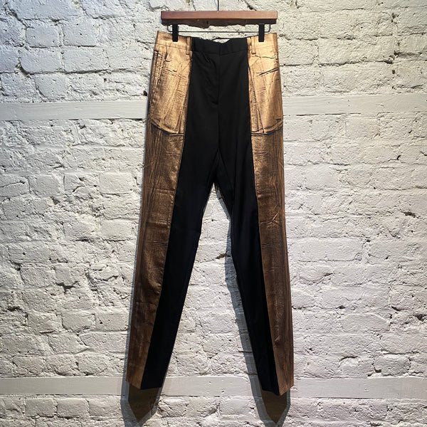 MARGIELA BLACK TROUSERS BRONZE PAINT STRIPED TROUSERS