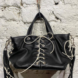 LUDOVIC DE SAINT SERNIN WHITE LACED BLACK LEATHER HANDBAG