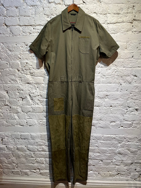 FENDI OLIVE GREEN COTTON/SUEDE S/S JUMPSUIT