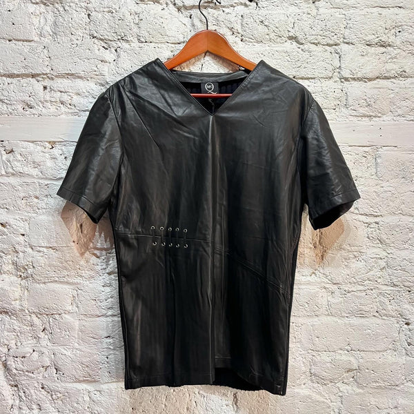 ALEXANDER MCQUEEN 
MCQ 
BLACK LEATHER RIB KNIT TOP
