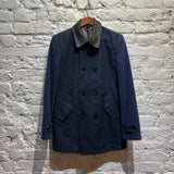 VIVIENNE WESTWOOD MAN NAVY COTTON/WOOL LEATHER COLLAR COAT