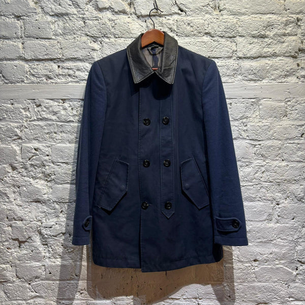 VIVIENNE WESTWOOD MAN NAVY COTTON/WOOL LEATHER COLLAR COAT