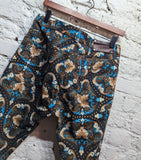 DRIES VAN NOTEN 
BROWN/TURQUOISE PRINT COTTON JEANS