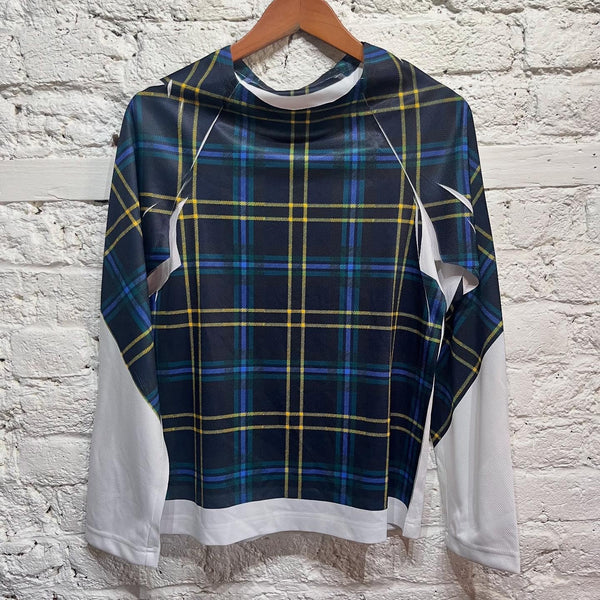 COMME DES GARÇONS 
WHITE/BLUE CHECK MESH TOP