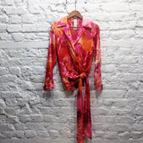 GIANNA VERSACE 
PINK/ORANGE PALMS PRINT WITH CRYSTAL BUTTONS AND BOW TIE SHIRT