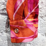 GIANNA VERSACE 
PINK/ORANGE PALMS PRINT WITH CRYSTAL BUTTONS AND BOW TIE SHIRT