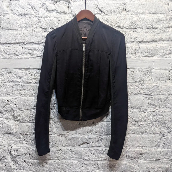 RICK OWENS 
BROWN SILK/KNIT PLEATED BACK BOMBER