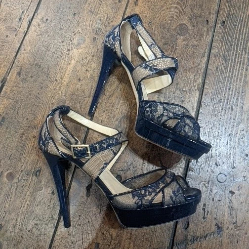 JIMMY CHOO NAVY LACE HEELED SANDELS STORM IN A TEACUP